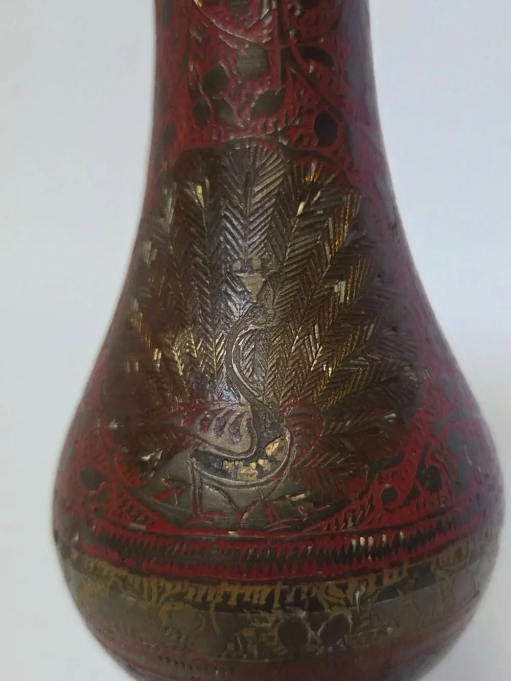 Vintage Enameled Brass Peacock Vase Made in India Hand Etched Red Pedestal Bud